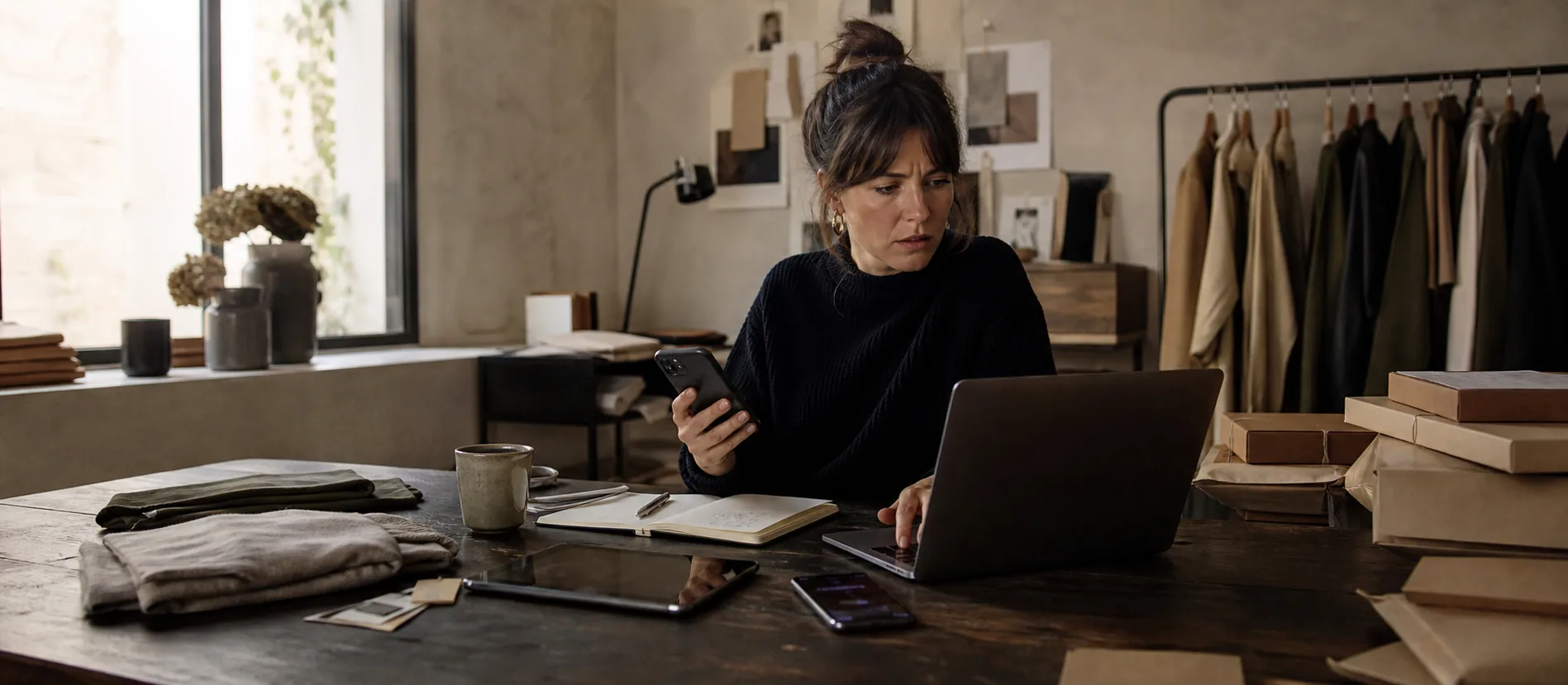 Une créatrice partage son attention entre plusieurs appareils et demandes